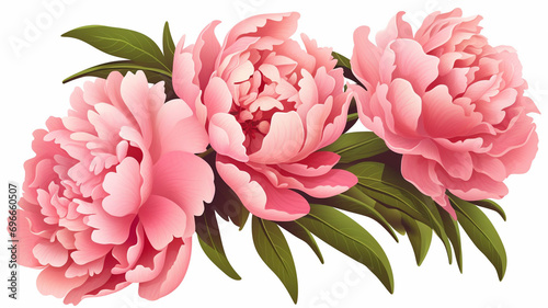 Set of luxury peonies flowers and logo. Trendy botanical elements. Hand drawn line leaves branches and blooming