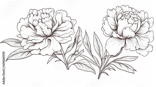 Set of luxury peonies flowers and logo. Trendy botanical elements. Hand drawn line leaves branches and blooming graphic