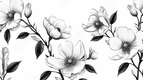 Rose hip blossom flowers seamless pattern. Sketch visual photo