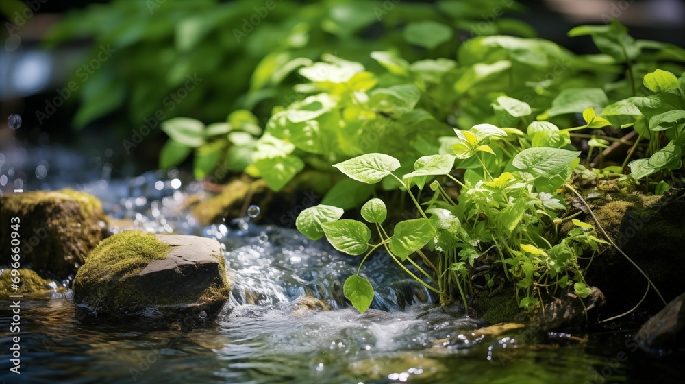 Image of an untouched spring stream, water flowing smoothly over the bed of green plants. Image of an untouched spring stream, water flowing smoothly over the bed of green plants.