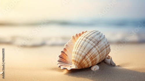 Image of a textured shell on the sandy shores of the beach.