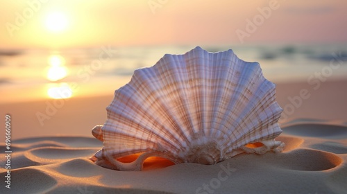 Image of a textured shell on the sandy shores of the beach. © kept