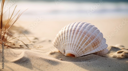 Image of a textured shell on the sandy shores of the beach.