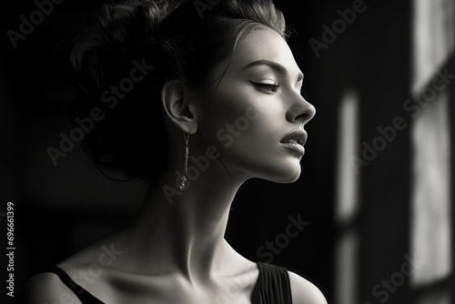 Black and white close up portrait of a young woman with the play of light and shadows