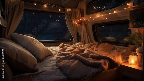 Image of inside a car with a makeshift bed. photo