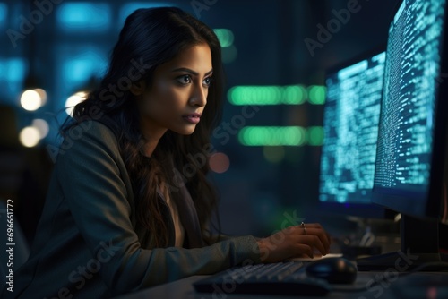 Young woman working with computer systems in a high tech office environment