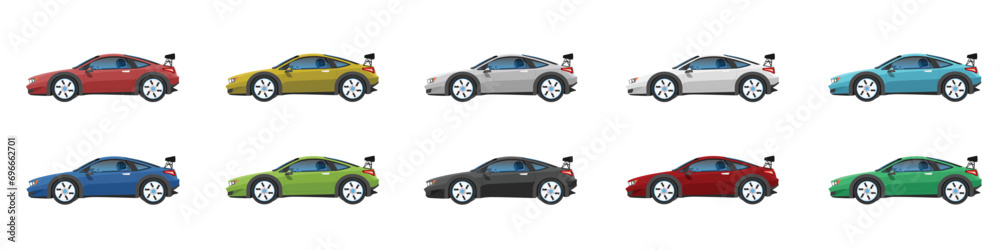 Vector or Illustrator of cartoon design of car motorsport. Set colorful of car motor sport with driving man ten car. on isolated white background.