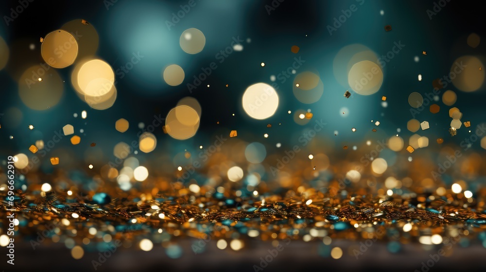Abstract blur bokeh background. Gold bokeh on defocused emerald red background