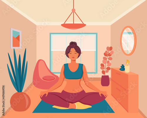 Young woman with closed eyes sitting in lotus position on mat vector illustration. Woman practicing yoga at home. Interior of modern apartment. Healthy lifestyle, meditation, yoga concept.
