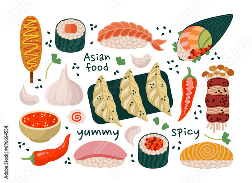 Asian food vector icon set. Japanese, Korean snacks - gyoza, sushi maki, nigiri with seafood, corn dog, temaki. Spicy ingredients - garlic, hot pepper, sriracha sauce. Flat cartoon collection for menu