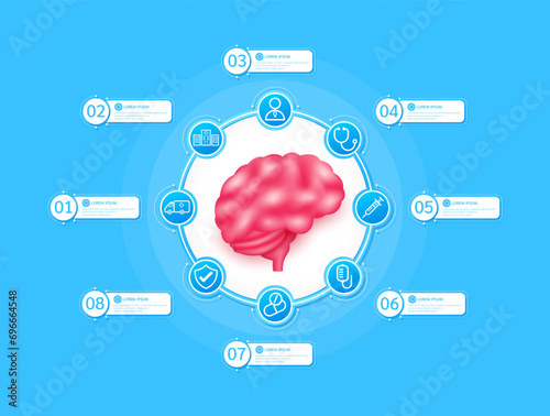 Brain health care infographic with presentation timeline steps medical research. And stethoscope, syringe, saline, drug, ambulance car, doctor. Style icons on blue background. Vector illustration.