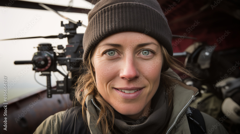 a forward-looking woman piloting a sustainable drone used for monitoring wildlife conservation efforts, safeguarding the planet's biodiversity. a forward-looking woman piloting a sustainable drone used for monitoring wildlife conservation efforts, safeguarding the planet's biodiversity.