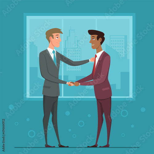 Businessmen in suits shaking hands in office vector cartoon illustration. Business partners concluding deal. Partnership, business, greetings concept