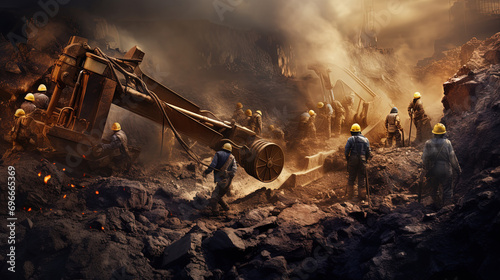 Group of Miners Safely Operating Heavy Equipment with Precision and Protective Gear photo