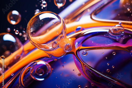 Beautiful bubbles floating on purple and orange liquid