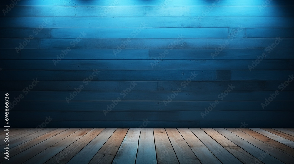 A vacant room featuring a wooden floor and walls painted in a deep shade of blue.