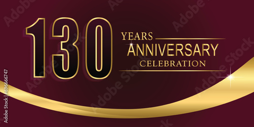 130th Year anniversary celebration background. Golden lettering and a gold ribbon on dark maroon background,vector design for celebration, invitation card, and greeting card.