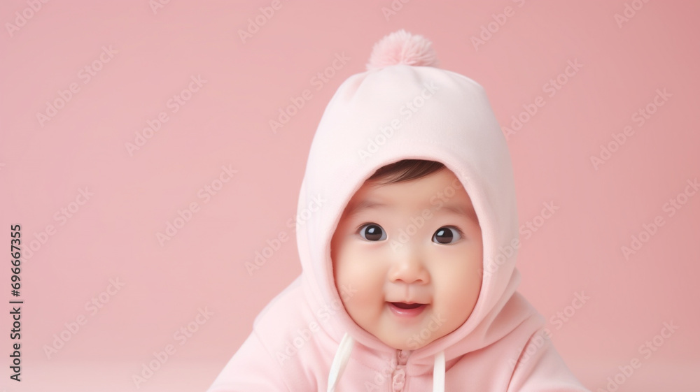 Little cute asian baby on pink background Little cute asian baby on pink background