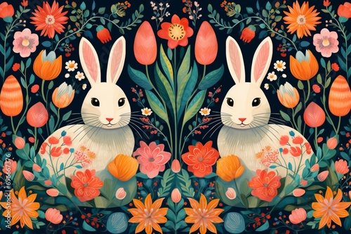 Elevate festivities with a captivating "Year of the Rabbit" banner, featuring lively rabbits against a backdrop of vibrant blossoming flowers.