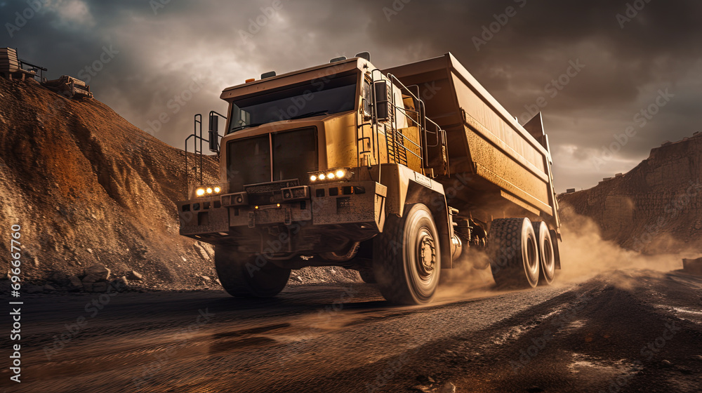 Mine Trucks Transporting and Loading Valuable Ore in the Mine Area