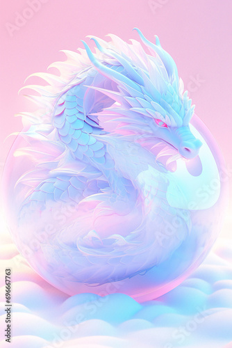 年賀状辰年の龍、辰、ドラゴンのパステルカラーの3Dイラスト 