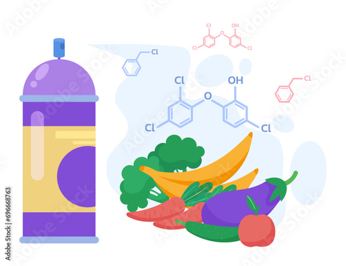 Huge aerosol can, fruit and vegetables treated with pesticides vector illustration. Chemical formulas on background. Health effects of using pesticides and chemicals concept