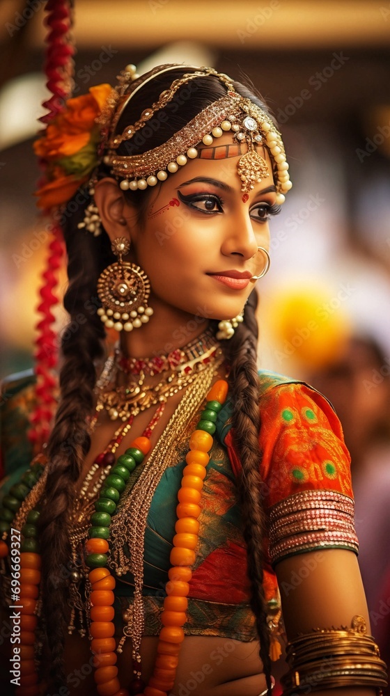 Ornate decorated indian lady portrait with blurred background