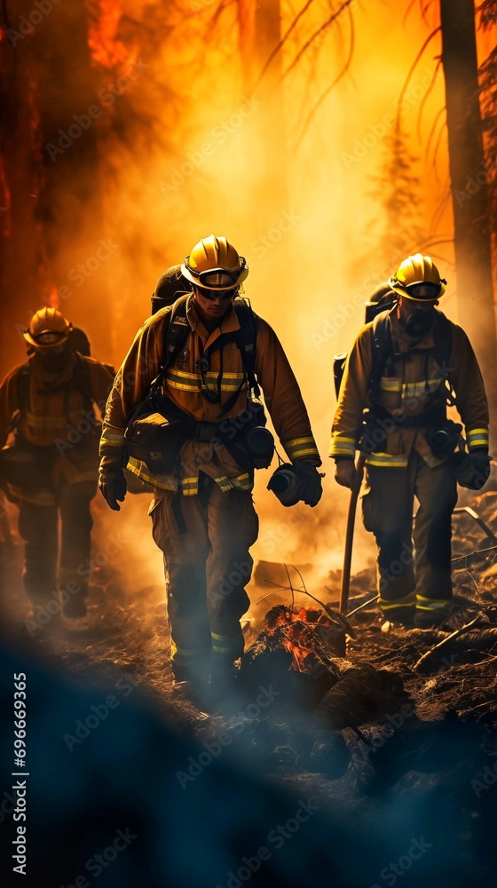Yellow firefighters walking along in burning smouldering smoky forest Yellow firefighters walking along in burning smouldering smoky forest