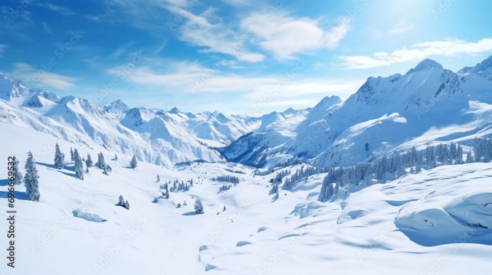Beautiful alpine panoramic view snow capped mountains, European beautiful winter mountains in Alps, Slope for cross country skiers in landscape .