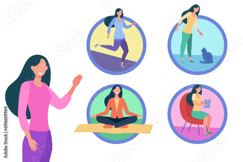 Woman coping with stress vector illustration. Woman doing yoga, jogging, reading book, pet therapy. Stress relief, coping with stress mechanism concept photo
