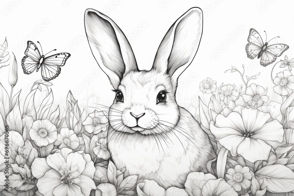An adorable isolated rabbit, sketched with intricate details, surrounded by whimsical flowers and butterflies in a dreamy vector garden.