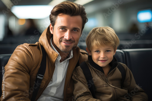 Handsome male and his son sitting at Airport Lounge. Generative AI. © visoot
