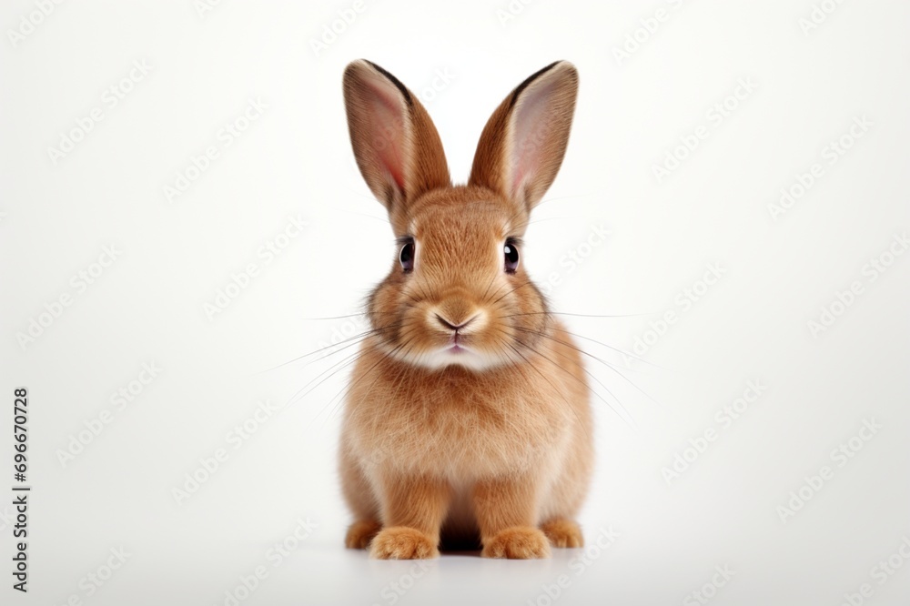 The enchanting gaze of a red bunny rabbit, positioned front and center, on a pristine white surface, emanating a sense of calm and serenity.