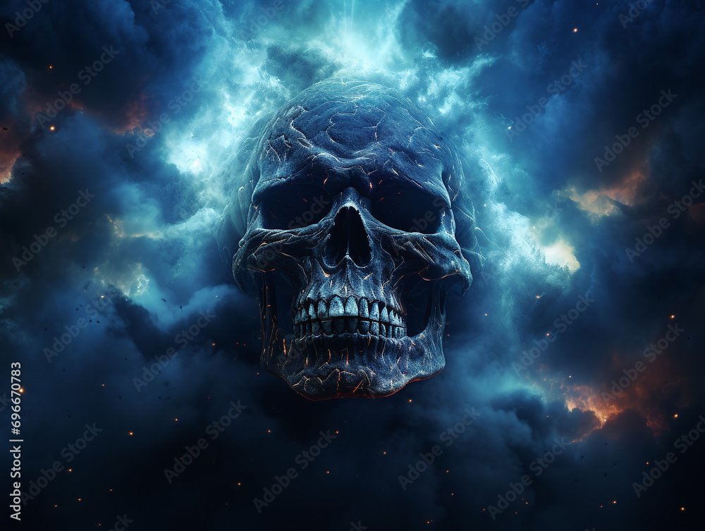 Smoked Skull Cloud Calamity Concept and Scary Abstract Digital Cloud Skull Image on a Blue Background - obrazy, fototapety, plakaty 