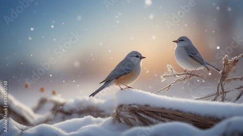 Winter snow background with snowdrifts and winter birds