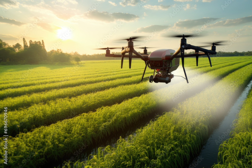 drone spray fertilizer on green field drone high angle view - obrazy, fototapety, plakaty 