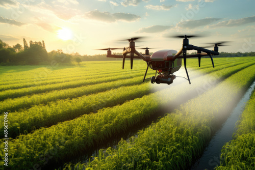 drone spray fertilizer on green field drone high angle view photo