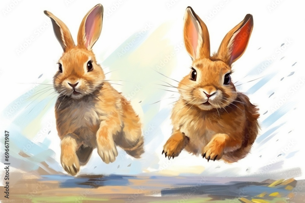 Playful rabbits engaged in a game of leapfrog, their dynamic movements expertly depicted in a vibrant brush drawing.