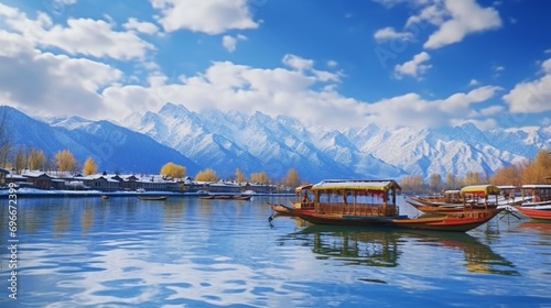 Beautiful view of the colorful Shikara boats floating on Dal Lake, Srinagar, Kashmir, India. with surounding snowy mountains . photo