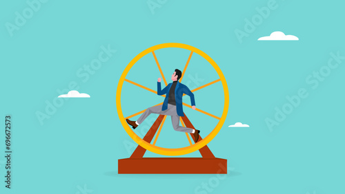 Fényképezés meaningless work concept with businessman running on hamster wheel vector illust