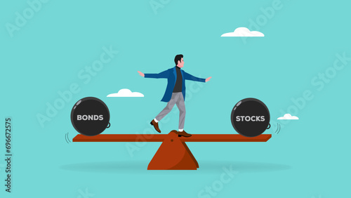 stock and bonds in balance illustration, weight ball on seesaw pictured as balanced balls on scale that symbolize harmony and equity between Stock and bonds that is good and beneficial