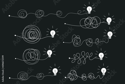 One continuous line drawing of way from chaotic to lightbulb. Concept of problem solving and business solutions in simple linear style. Editable stroke. Doodle vector illustration