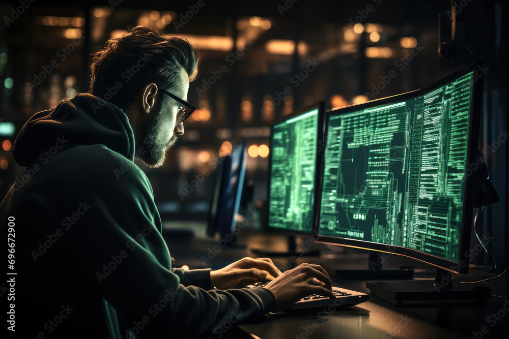 A man writes code on the computer screen, Code in green font with black background in a terminal user interface. Generative AI. A man writes code on the computer screen, Code in green font with black background in a terminal user interface. Generative AI.