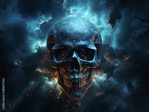 Smoked Skull Cloud Calamity Concept and Scary Abstract Digital Cloud Skull Image on a Blue Background