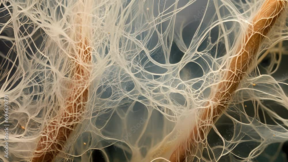 Magnified Roots A magnified of root hairs entwined with fungal hyphae, showcasing the ...