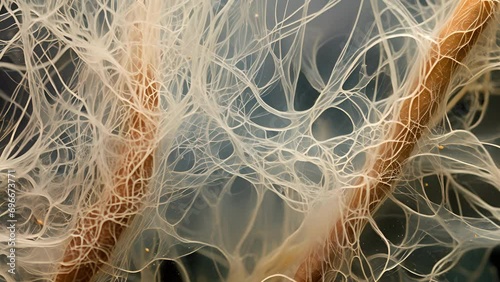 A magnified of root hairs entwined with fungal hyphae, showcasing the symbiotic relationship between plants and fungi. This interaction, known as mycorrhizal association, allows plants