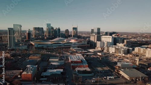 Drone Aerials of evening traffic near a busy downtown area