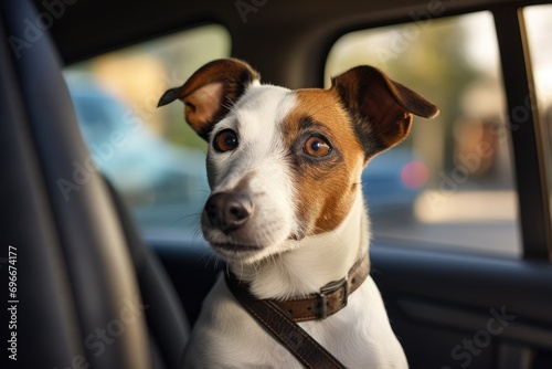 Jack russell terrier dog looking out of the car window, A Jack Russell Terrier dog is captured in a car on the road, AI Generated © Iftikhar alam