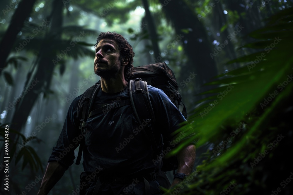 Handsome young man with backpack hiking in the jungle at night, A male hiker navigating through a dense and dark jungle, captured in full body, AI Generated Handsome young man with backpack hiking in the jungle at night, A male hiker navigating through a dense and dark jungle, captured in full body, AI Generated