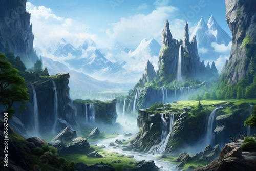 Fantasy Landscape with waterfall and mountains in the background. 3d rendering, A magical waterfall cascading into a serene pond, AI Generated